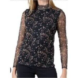 3764) Molly Bracken Black Floral Mock Neck Sheer Long Sleeve Pullon Top Medium